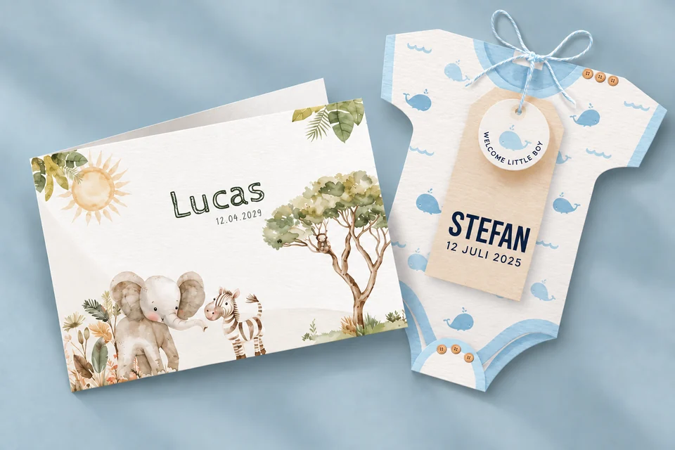 Geboortekaart met safaridieren en blauw rompertje