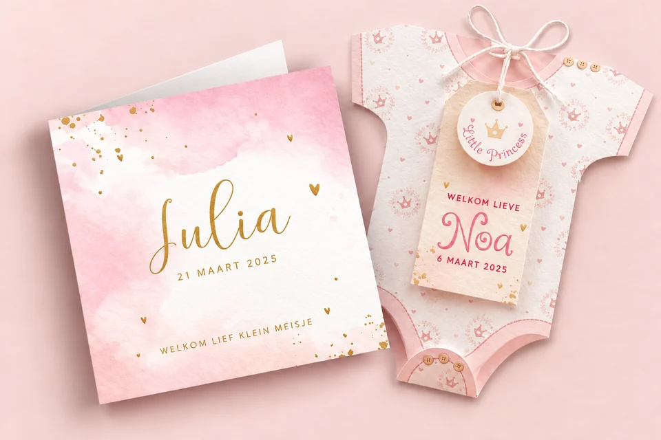 Roze aquarelkaart en kaart in de vorm van een rompertje